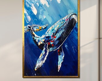 Abstract Whale Canvas Art: Colorful Oceanic Painting, Ready to Hang