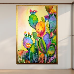 Vibrant Cactus Canvas, Colorful Succulent Art, Prickly Pear Wall Print, Cheerful Desert Decor, Ready to Hang Artwork