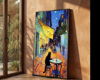 Van Gogh Cat Cafe Canvas Art: Starry Night Feline Print
