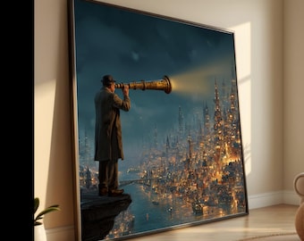 Steampunk City Canvas Print, Man with Telescope, Fantasy Wall Decor