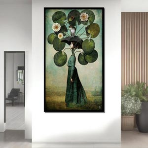 Surreal Lotus Woman Art, Whimsical Fantasy Print, Nature-Inspired Wall Decor, Unique Wall Art