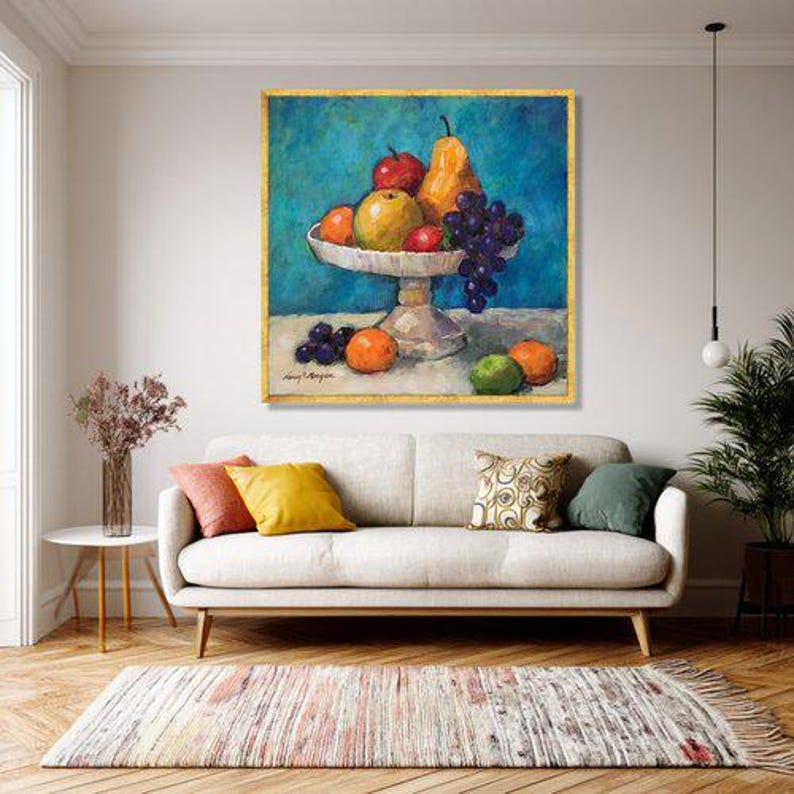 Classic Fruit Still Life Canvas Art, Grapes Pear Apple Kitchen Decor Painting image 6