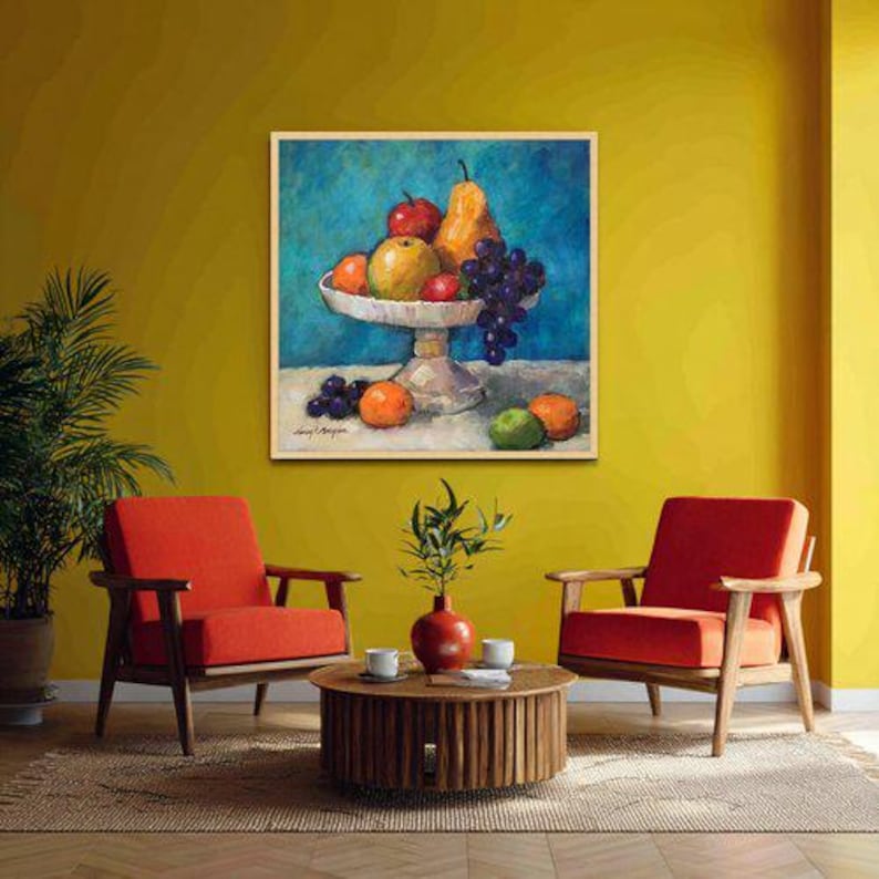 Classic Fruit Still Life Canvas Art, Grapes Pear Apple Kitchen Decor Painting image 4