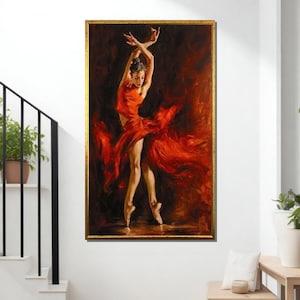 Flamenco Dancer Canvas, Red Dress Ballet Art, Elegant Flamenco Wall Art, Passionate Dance Painting, Ready to Hang Canvas