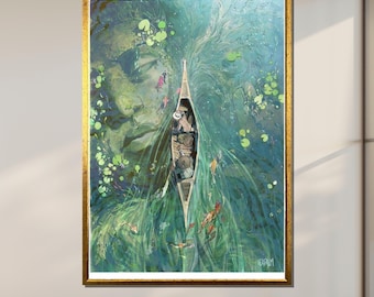 Tranquil Waters Canvas, Serene Boat Ride Art, Dreamlike Water Reflection, Nature Wall Art, Ready to Hang