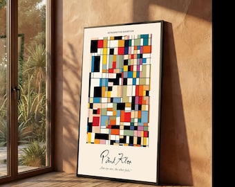 Lienzo geométrico abstracto, arte mural colorido inspirado en Paul Klee, diseño de exposición moderno.
