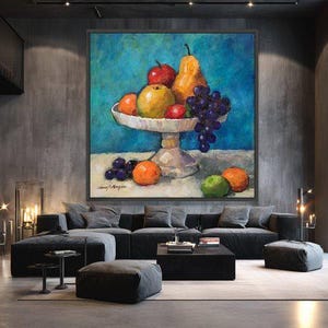 Classic Fruit Still Life Canvas Art, Grapes Pear Apple Kitchen Decor Painting image 2