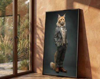 Dapper Cat in Vintage Suit Canvas Print, Whimsical Animal Portrait Wall Art