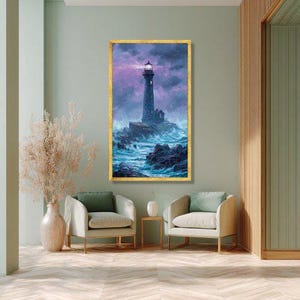 Dramatic Lighthouse Canvas Art, Stormy Sea Landscape, Coastal Ocean Painting image 6