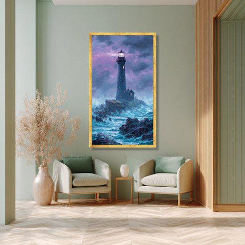 Dramatic Lighthouse Canvas Art, Stormy Sea Landscape, Coastal Ocean Painting image 6