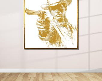 Vintage Cowboy Canvas Art Print, Wild West Revolver Drawing