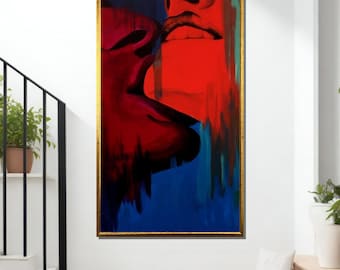 Passionate Kiss Canvas Art: Red and Blue Abstract Couple Print,