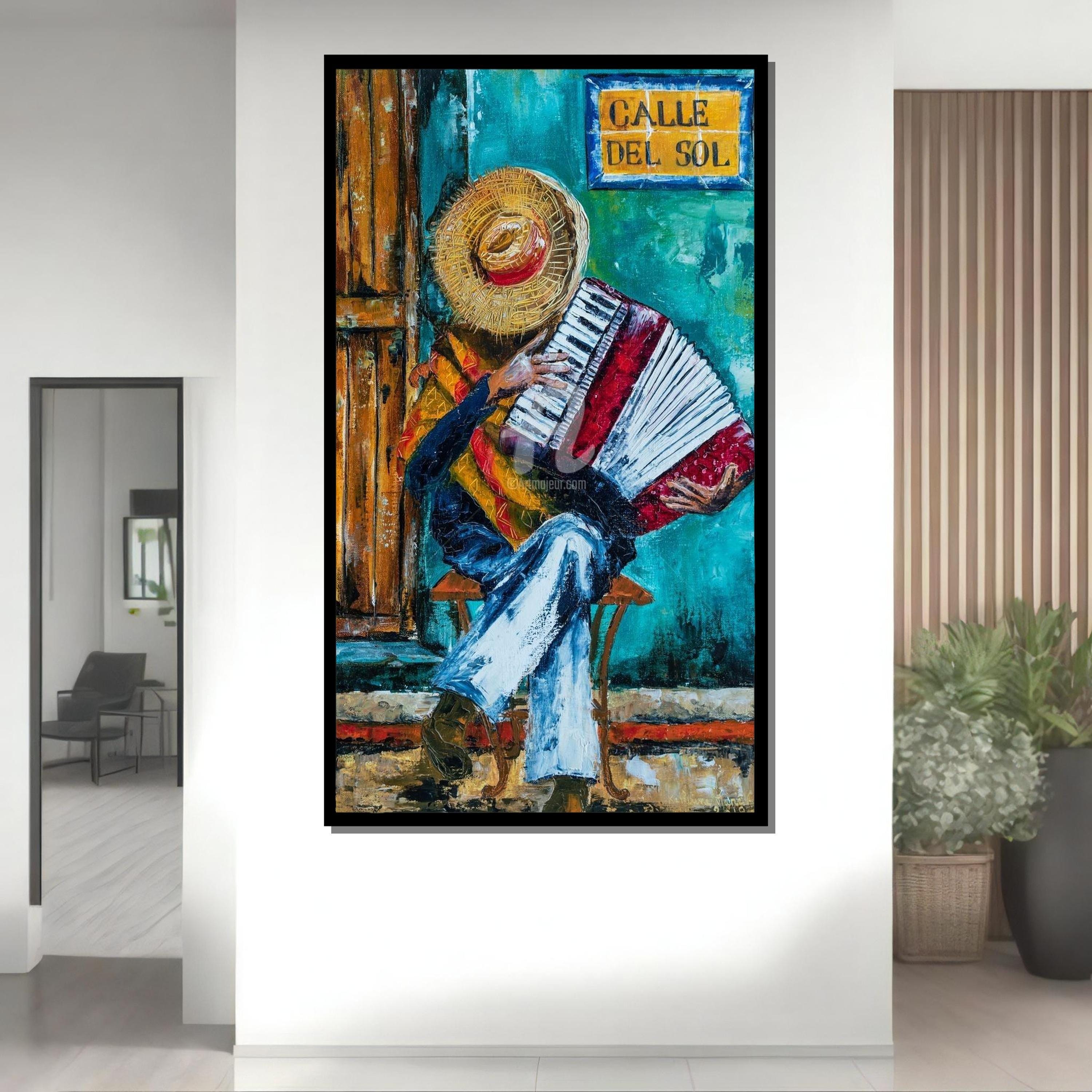 Latin Street Musician Canvas Art: Calle Del Sol Accordion Painting