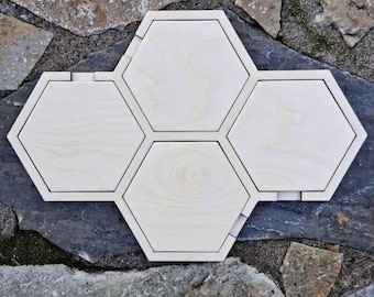 Set of 4 Hexagon Wooden Tiles with Base - DIY Blank Geometric Wood Coasters - Minimalist Craft Kit for painting and decor