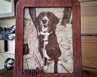 Personalized Wooden Pet Portrait: Photo Laser Engraved on Wood, Custom Dog Cat Memorial