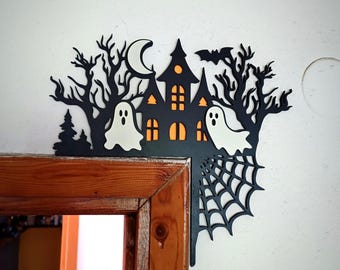 Wooden Halloween Corner Decor, Haunted House Door Frame Decoration, Ghosts Wall Art, Spooky Laser Cut Home Decor