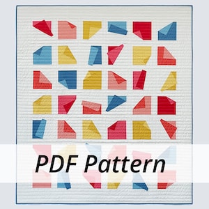 May include: A quilt pattern featuring a geometric design with colorful squares and triangles in shades of red, blue, yellow, and pink. The pattern is called "PDF Pattern".