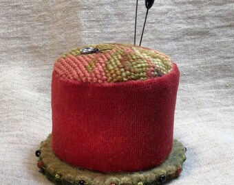 Small Deep Pink Needlepoint and Velvet Pincushion made from antique and vintage textiles