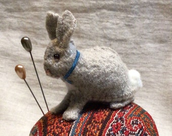 Felted Wool Bunny on Antique Paisley Tuffet in a French Tin Tart- Blue Base