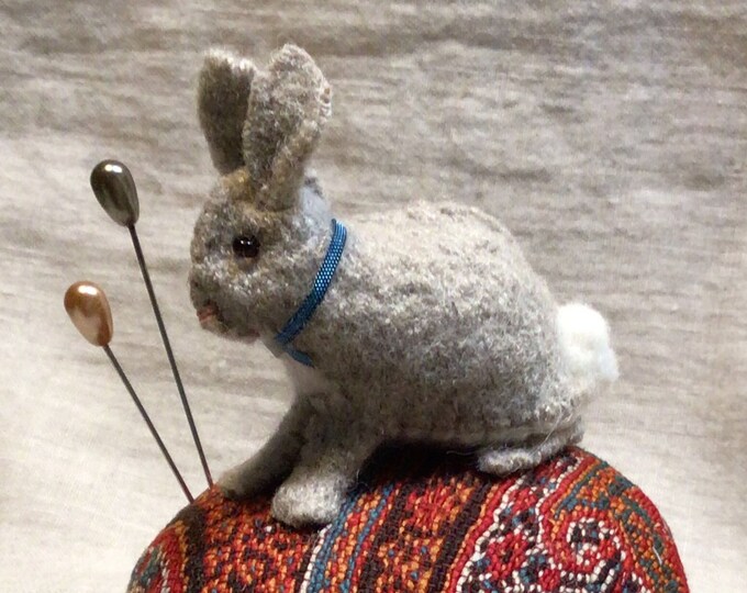 Felted Wool Bunny on Antique Paisley Tuffet in a French Tin Tart Blue ...