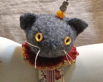 Little Gray Kitten Wrist Pincushion- made from felted wool sweaters