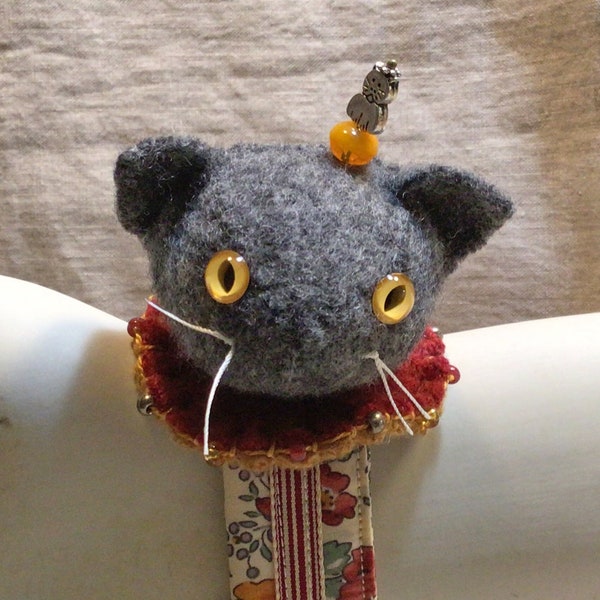 Little Gray Kitten Wrist Pincushion- made from felted wool sweaters