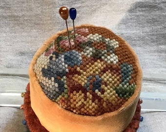 Medium Caramel Needlepoint and Velvet Pincushion made from antique and vintage textiles