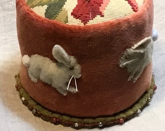 Trapunto Bunnies on a Pink Velvet Pincushion