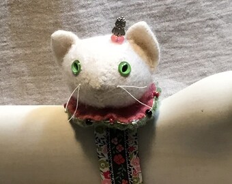 Kitten  Wrist Pincushion- made from felted wool sweaters and Liberty print