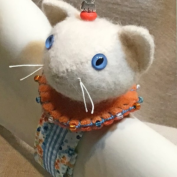 Cat Wrist-Style  Pincushion- made from felted wool sweaters