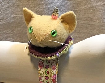 Yellow Kitty Wrist Pincushion- made from felted wool sweaters and Liberty print