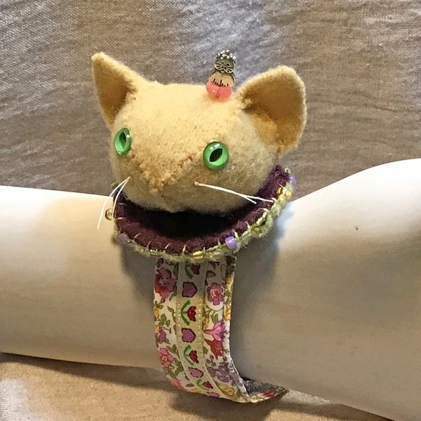 Yellow Kitty Wrist Pincushion- made from felted wool sweaters and Liberty print