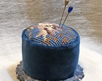 Small Deep Blue Needlepoint and Velvet Pincushion made from antique and vintage textiles