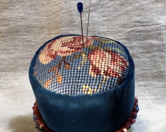 Large Deep Blue Needlepoint and Velvet Pincushion made from antique and vintage textiles