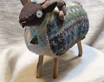 Green Fair Isle Ram Figurine from Vintage Wool Sweaterfelt