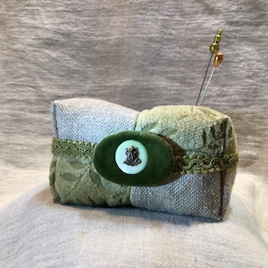 Brass Frog Cartouche Pincushion in Sage Green