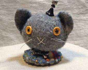 Grey Kitty Head Pincushion with Golden Eyes