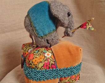 Little Victorian Elephant Pincushion with blue velveteen blanket