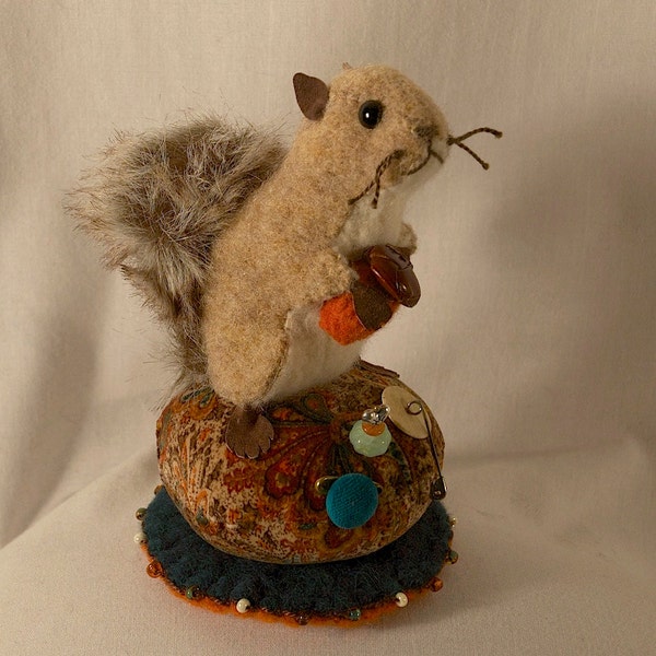 Squirrel on a Tuffet Pincushion - Ginger Paisley Velveteen