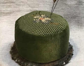 Large Olive Green Needlepoint and Velvet Pincushion made from antique and vintage textiles