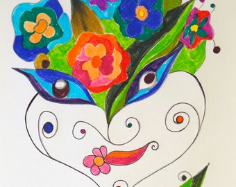 Original watercolor of an abstract face. Flowers style. Cubist style 20 x 27 cm. 7.8 x 10.6 in.  Watercolor pencils. Decoration house