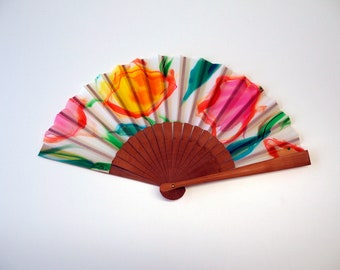 Handpainted Silk hand fan-Wedding handfan-Bridesmaids-Gift for woman-Spanish handfan-Leather case-Ready to be shipped-Christmas gift