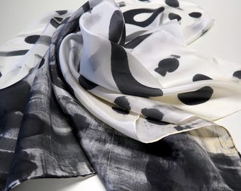 Hand Painted Silk Scarf: Geometric Black & White Art (36x36in)
