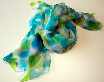 Hand painted silk chiffon scarf.Handpainted silk shawl. Wedding gift.Ooak chiffon-71x36Inches (180x90cm)-Christmas gifts. Ready to ship