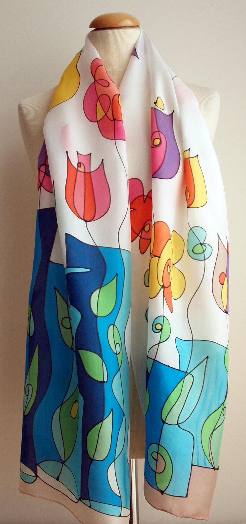 Handpainted Silk Scarf. Hand painted flowers silk scarf. Hand Etsy