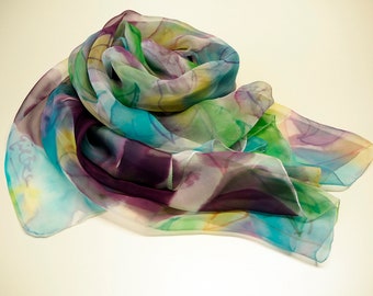 Hand painted silk chiffon scarf. Handpainted silk shawl.Wedding gift. Ooak chiffon -71x36Inches (180x90cm)