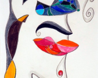 Original watercolor of an abstract face. Picasso style. Cubist style 18 x 25 cm. 7 x 9.8 in.  Watercolor pencils. Decoration house