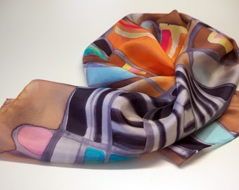 Hand Painted Silk Scarf/Abstract Style silk Scarf/Ready to be shipped/55x18in-140x45cm/Gifts for me/Beautiful silk scarf/Original silk scarf