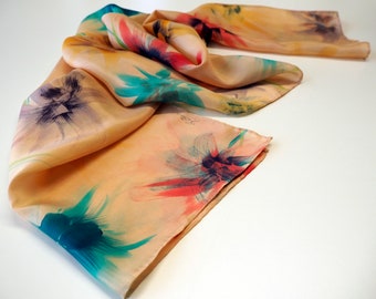 Hand Painted Silk Scarf/Scarf/Flowers silk Scarf/Ready to be shipped/55x18in-140x45cm/Unique gift/Gift for me/Original scarf/Christmas gift