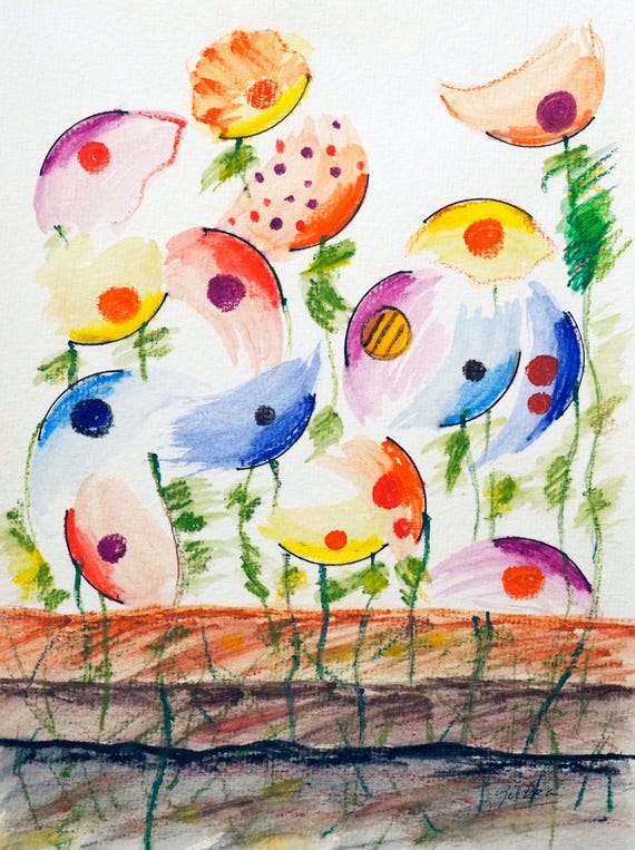 抽象的な花の水彩画：カラフルな植物アート（21 x 28 cm） - Etsy 日本